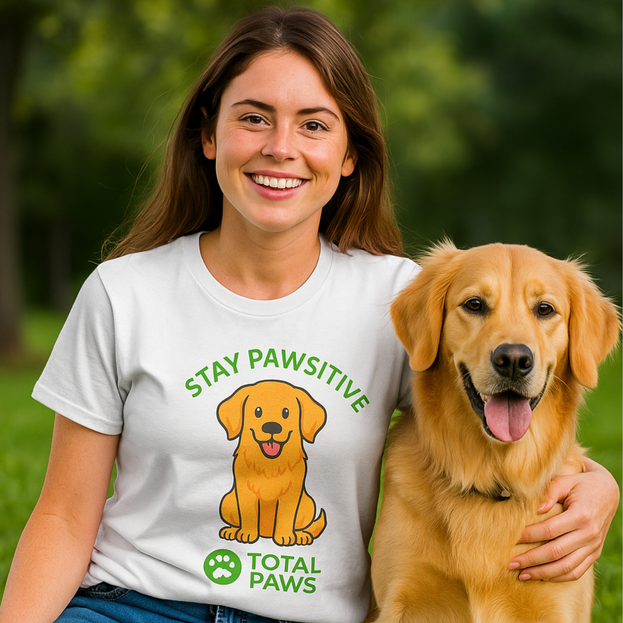 young woman wearing golden retriever tee